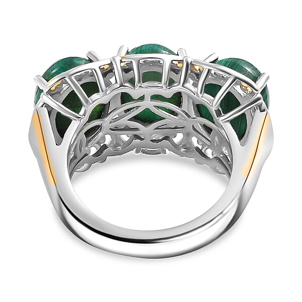 Karis African Malachite 13.80 ctw 3 Stone Ring in 18K YG Plated and Platinum Bond (Size 10.0)