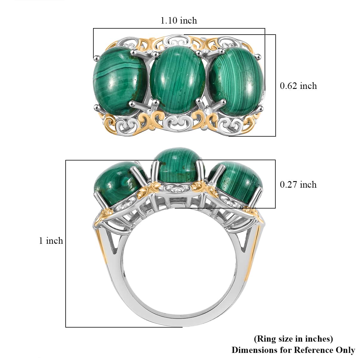 Karis African Malachite 13.80 ctw 3 Stone Ring in 18K YG Plated and Platinum Bond (Size 10.0) image number 5