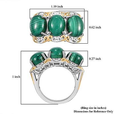 Karis African Malachite 13.80 ctw 3 Stone Ring in 18K YG Plated and Platinum Bond (Size 10.0)