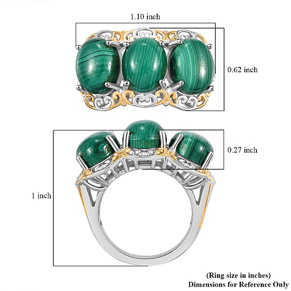 Karis African Malachite 13.80 ctw 3 Stone Ring in 18K YG Plated and Platinum Bond (Size 10.0)