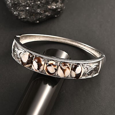 Peanut Wood Jasper 20.90 ctw Bangle Bracelet in Stainless Steel (6.50 In)