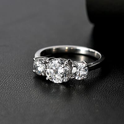 J Francis Zirconia by Swarovski 3.75 ctw 3 Stone Ring in Rhodium Over Sterling Silver (Size 9.0)