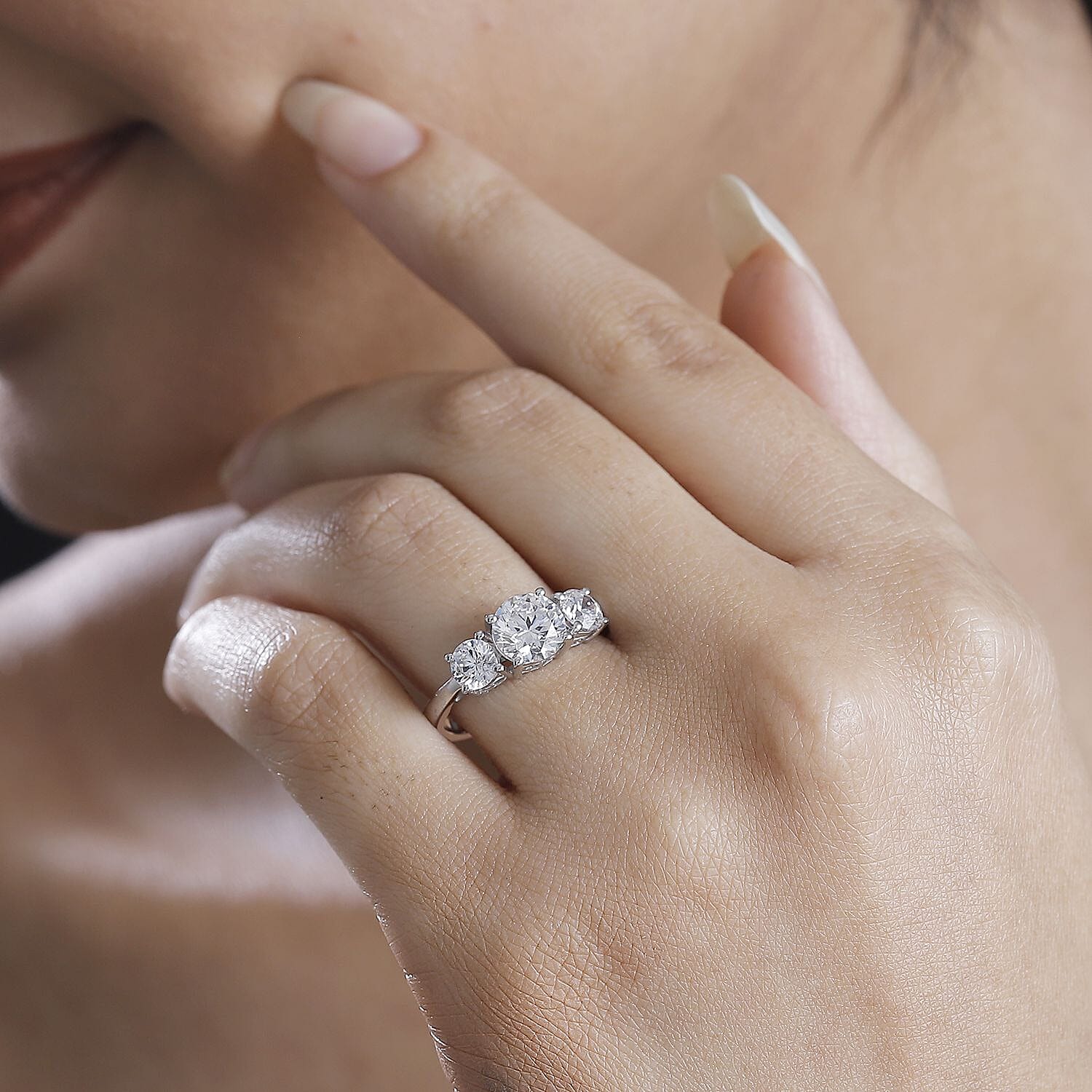 J Francis Zirconia by Swarovski 3.75 ctw 3 Stone Ring in Rhodium Over Sterling Silver (Size 9.0)