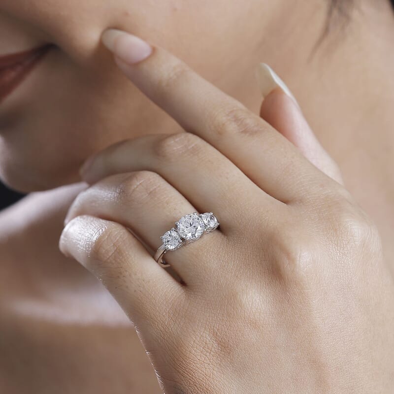 J Francis Zirconia by Swarovski 3.75 ctw 3 Stone Ring in Rhodium Over Sterling Silver (Size 9.0)