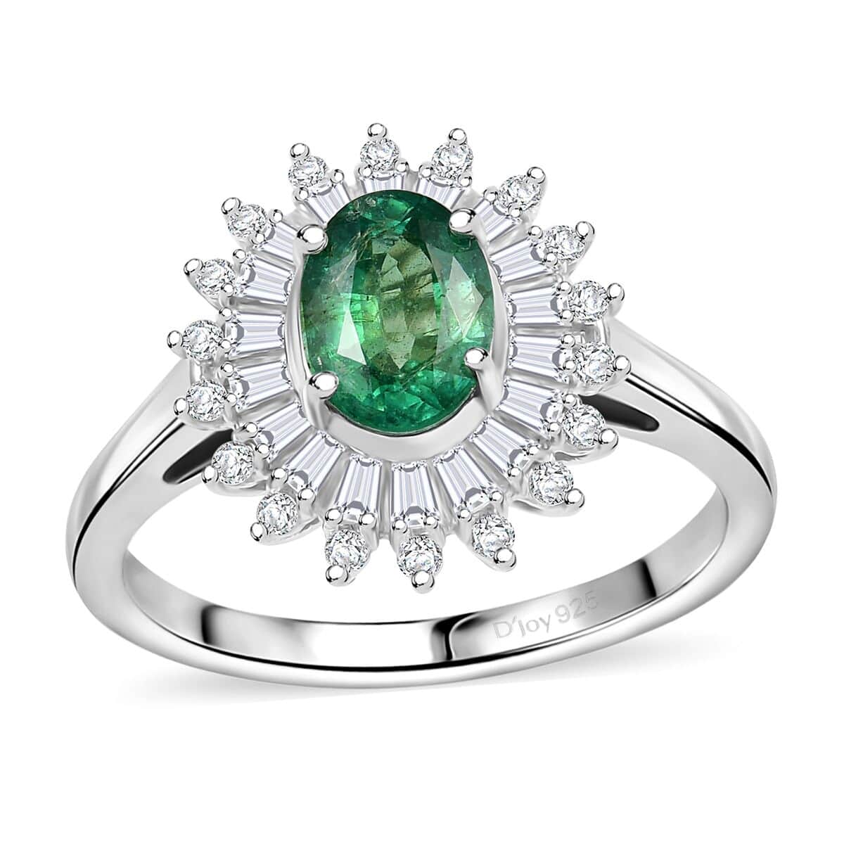 Premium Kagem Zambian Emerald and Moissanite 1.75 ctw Starburst Halo Ring in Rhodium Over Sterling Silver (Size 10.0) image number 0