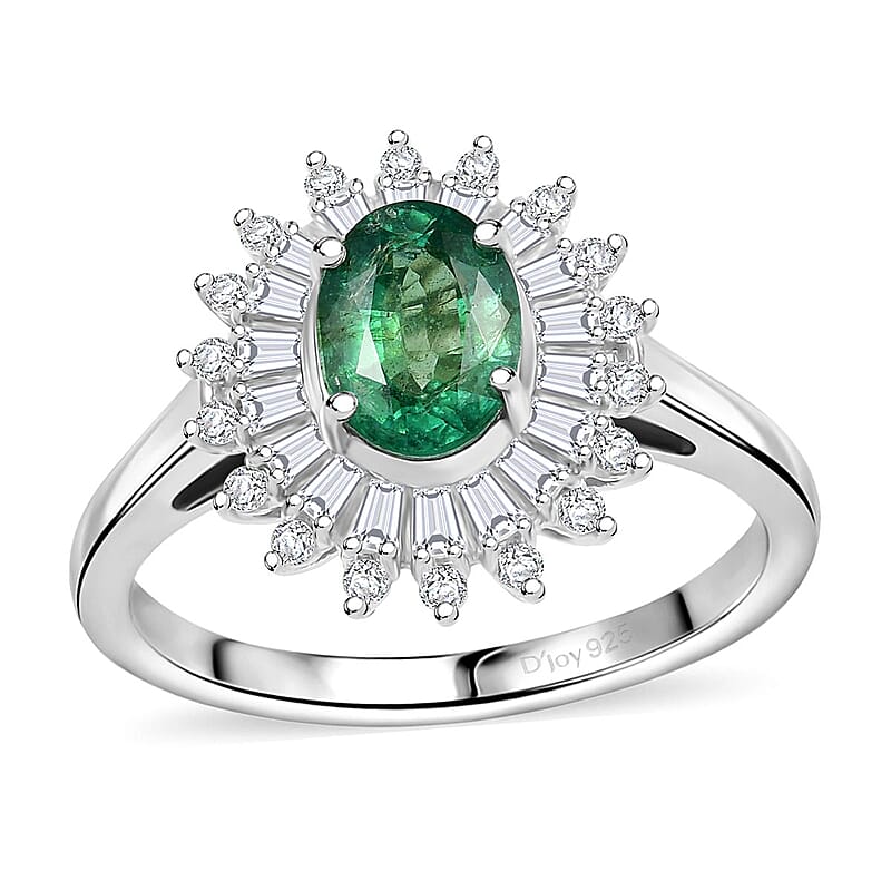 Premium Kagem Zambian Emerald and Moissanite 1.75 ctw Starburst Halo Ring in Rhodium Over Sterling Silver (Size 10.0)