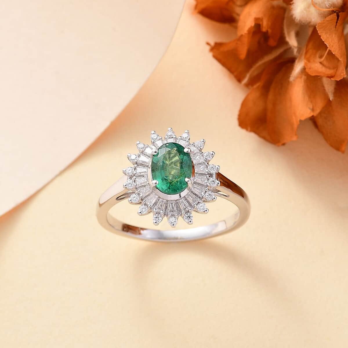 Premium Kagem Zambian Emerald, Moissanite Starburst Halo Ring in Rhodium Over Sterling Silver (Size 10.0) 1.75 ctw image number 1