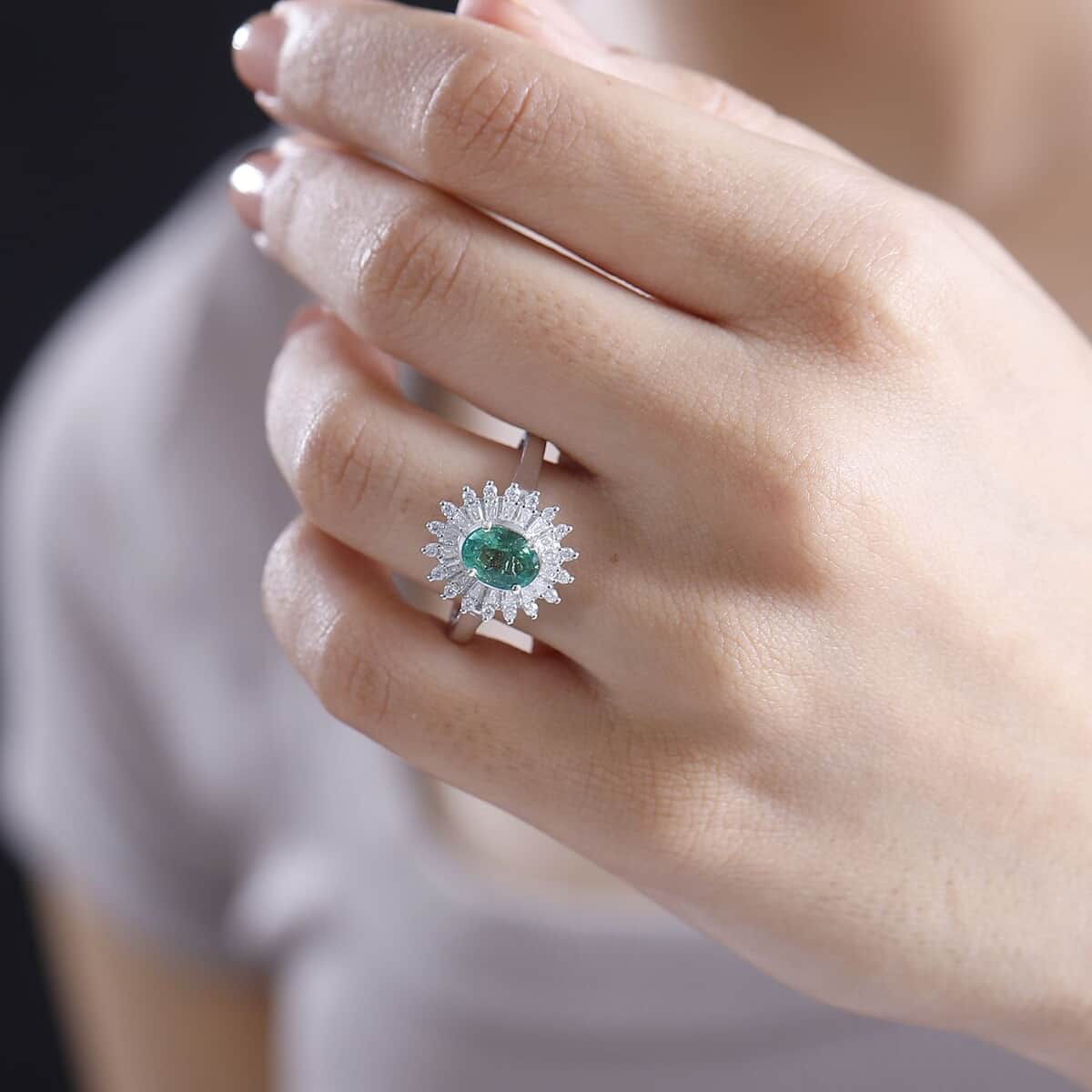 Premium Kagem Zambian Emerald and Moissanite 1.75 ctw Starburst Halo Ring in Rhodium Over Sterling Silver (Size 10.0) image number 2