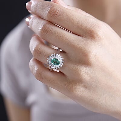Premium Kagem Zambian Emerald and Moissanite 1.75 ctw Starburst Halo Ring in Rhodium Over Sterling Silver (Size 10.0)