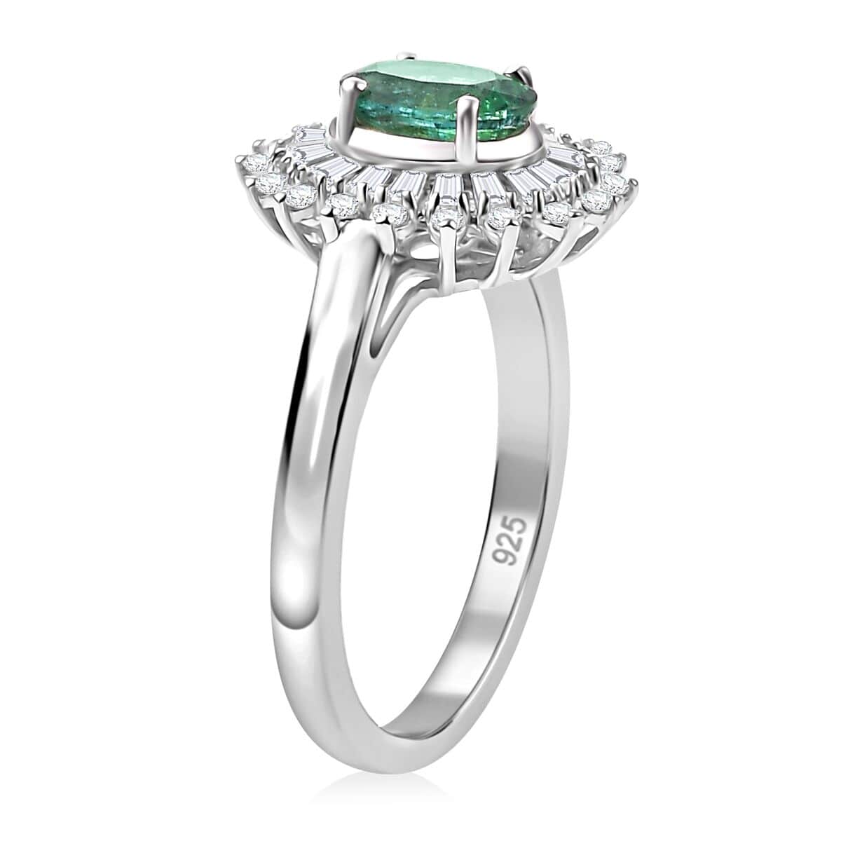 Premium Kagem Zambian Emerald and Moissanite 1.75 ctw Starburst Halo Ring in Rhodium Over Sterling Silver (Size 10.0) image number 3