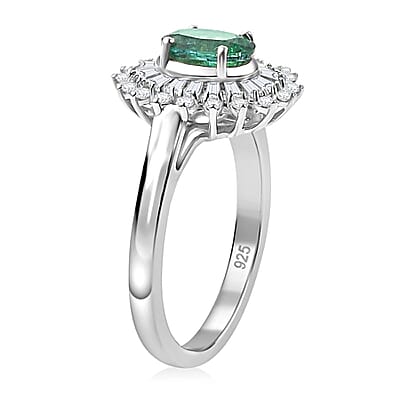 Premium Kagem Zambian Emerald and Moissanite 1.75 ctw Starburst Halo Ring in Rhodium Over Sterling Silver (Size 10.0)