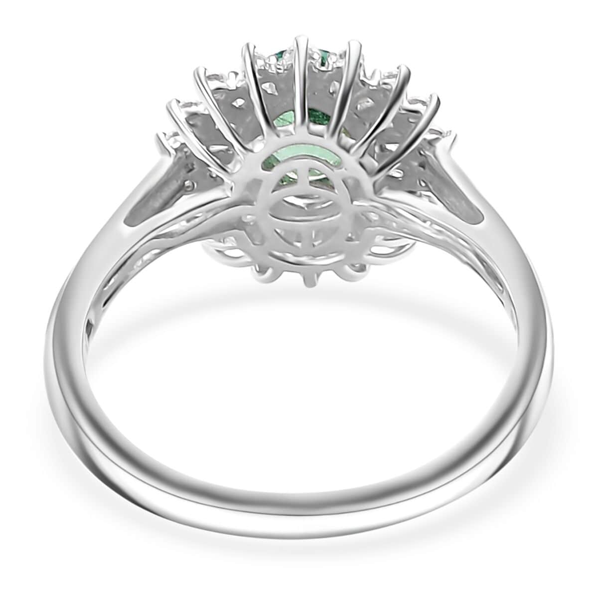 Premium Kagem Zambian Emerald, Moissanite Starburst Halo Ring in Rhodium Over Sterling Silver (Size 10.0) 1.75 ctw image number 4