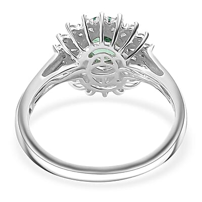 Premium Kagem Zambian Emerald and Moissanite 1.75 ctw Starburst Halo Ring in Rhodium Over Sterling Silver (Size 10.0)