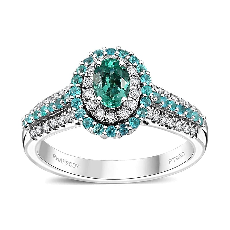 Rhapsody AAAA Paraiba Tourmaline and E-F VS Diamond 1.34 ctw Ring in 950 Platinum (Size 10.0) 7.90 Grams