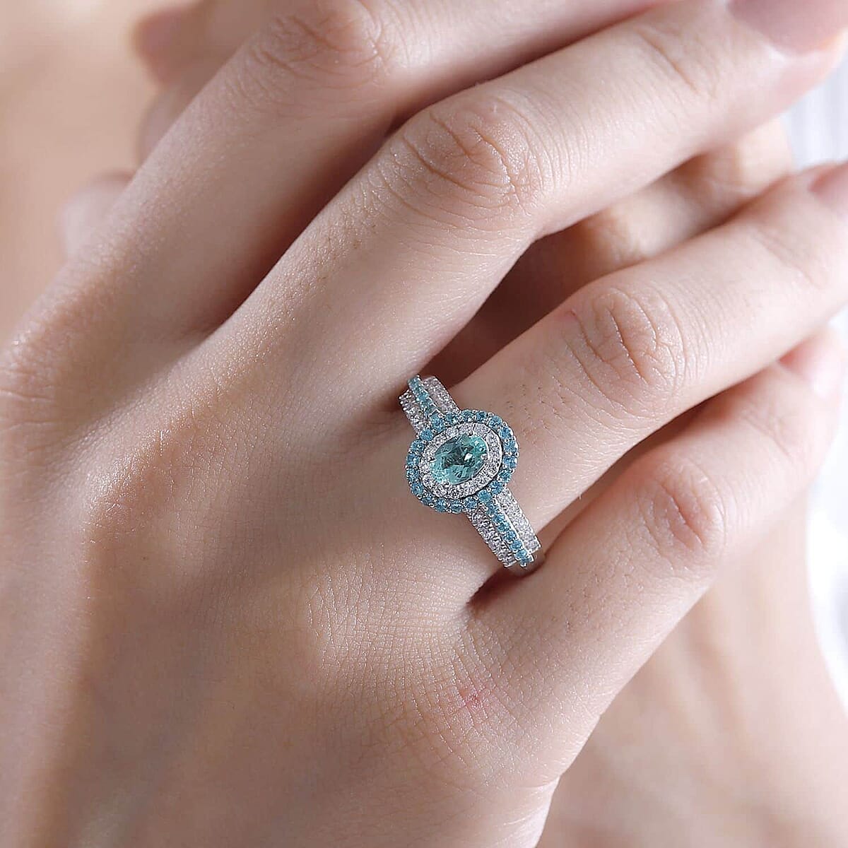 Rhapsody AAAA Paraiba Tourmaline and E-F VS Diamond 1.34 ctw Ring in 950 Platinum (Size 10.0) 7.90 Grams image number 2