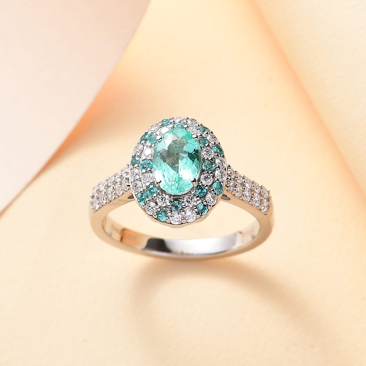 Certified & Appraised Rhapsody AAAA Paraiba Tourmaline and E-F VS Diamond 2.14 ctw Ring in 950 Platinum (Size 8.0) 8 Grams image number 1