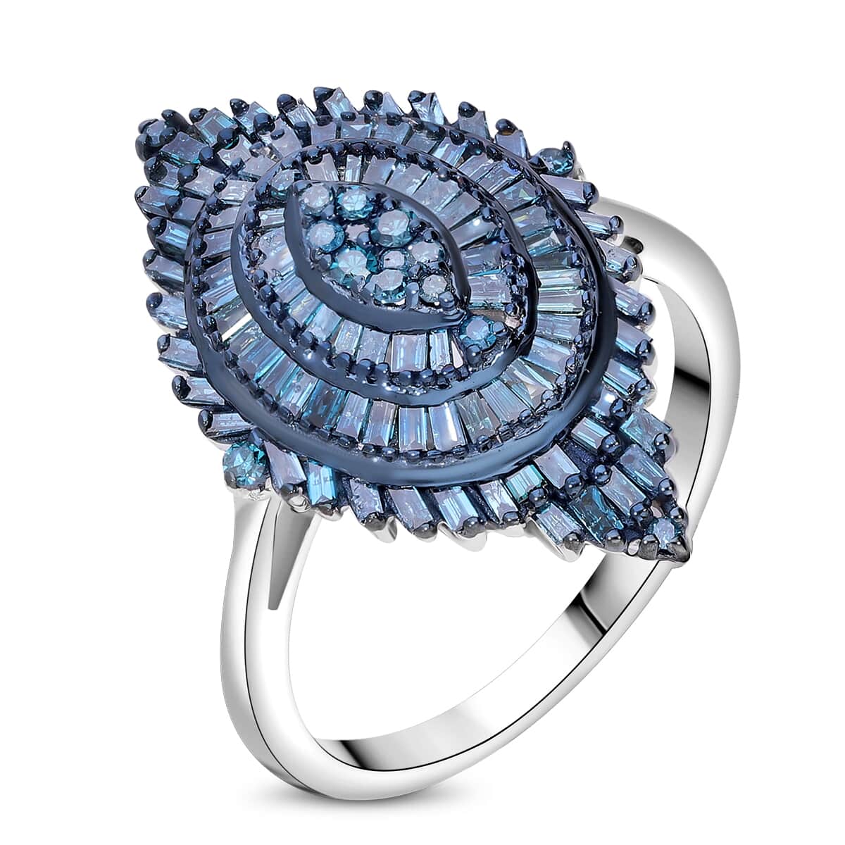 Blue Diamond 1.00 ctw Floral Spray Ring in Platinum Over Sterling Silver (Size 10.0) image number 2