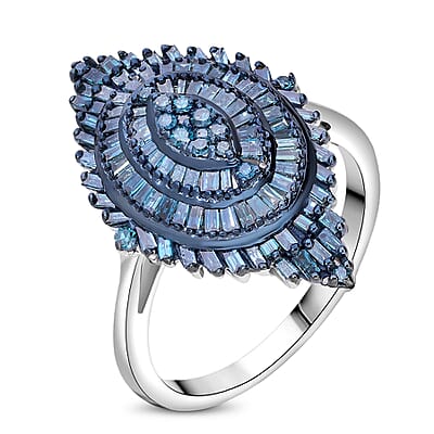 Blue Diamond 1.00 ctw Floral Spray Ring in Platinum Over Sterling Silver (Size 10.0)
