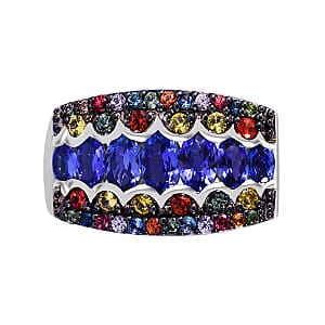 Tanzanite and Multi Sapphire 3.30 ctw Prismatic Glory Ring in Rhodium Over Sterling Silver (Size 10.0)