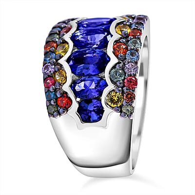 Tanzanite and Multi Sapphire 3.30 ctw Prismatic Glory Ring in Rhodium Over Sterling Silver (Size 10.0)