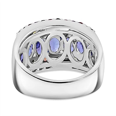 Tanzanite and Multi Sapphire 3.30 ctw Prismatic Glory Ring in Rhodium Over Sterling Silver (Size 10.0)