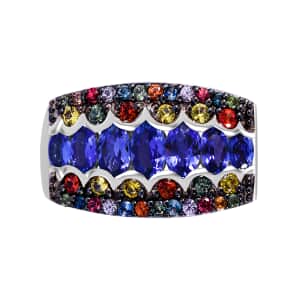 Tanzanite and Multi Sapphire 3.30 ctw Prismatic Glory Ring in Rhodium Over Sterling Silver (Size 8.0)