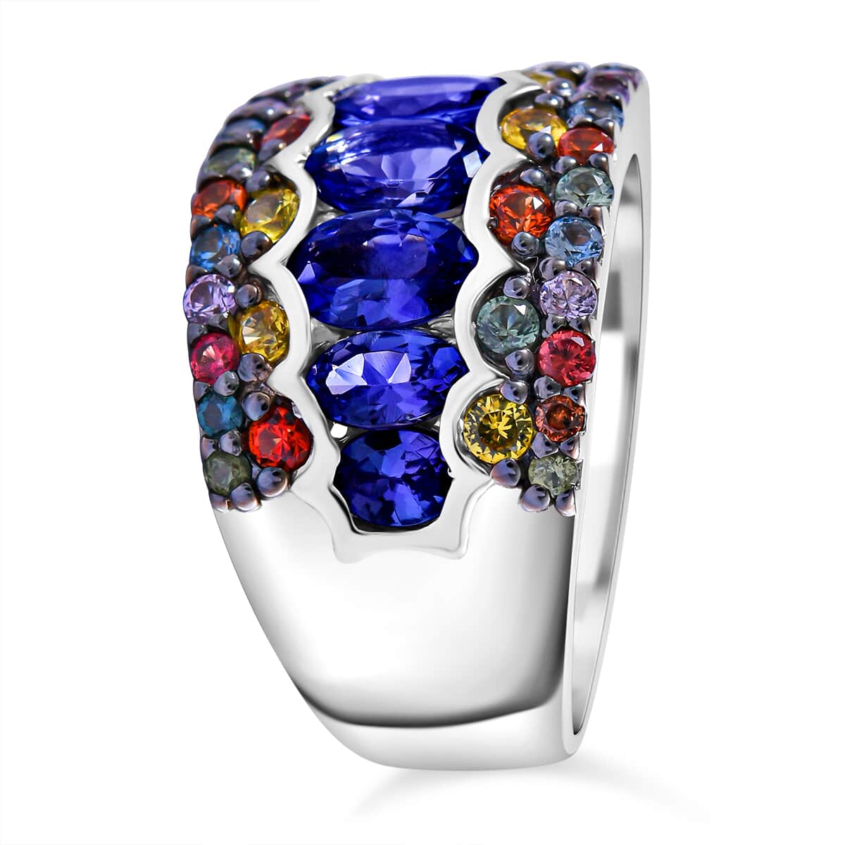 Tanzanite and Multi Sapphire 3.30 ctw Prismatic Glory Ring in Rhodium Over Sterling Silver (Size 8.0) image number 2