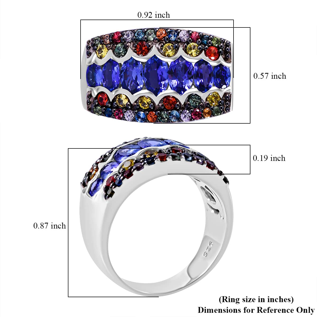 Tanzanite and Multi Sapphire 3.30 ctw Prismatic Glory Ring in Rhodium Over Sterling Silver (Size 8.0) image number 4