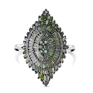 Green Diamond 1.00 ctw Floral Spray Ring in Platinum Over Sterling Silver (Size 6.0)