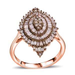 Natural Champagne Diamond 1.00 ctw Floral Spray Ring in Vermeil Rose Gold Over Sterling Silver (Size 7.0)