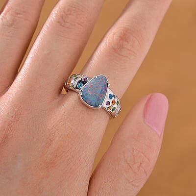 AAA Boulder Opal Doublet and Multi Gemstone 2.85 ctw Celestial Ring in Rhodium Over Sterling Silver (Size 6.0)