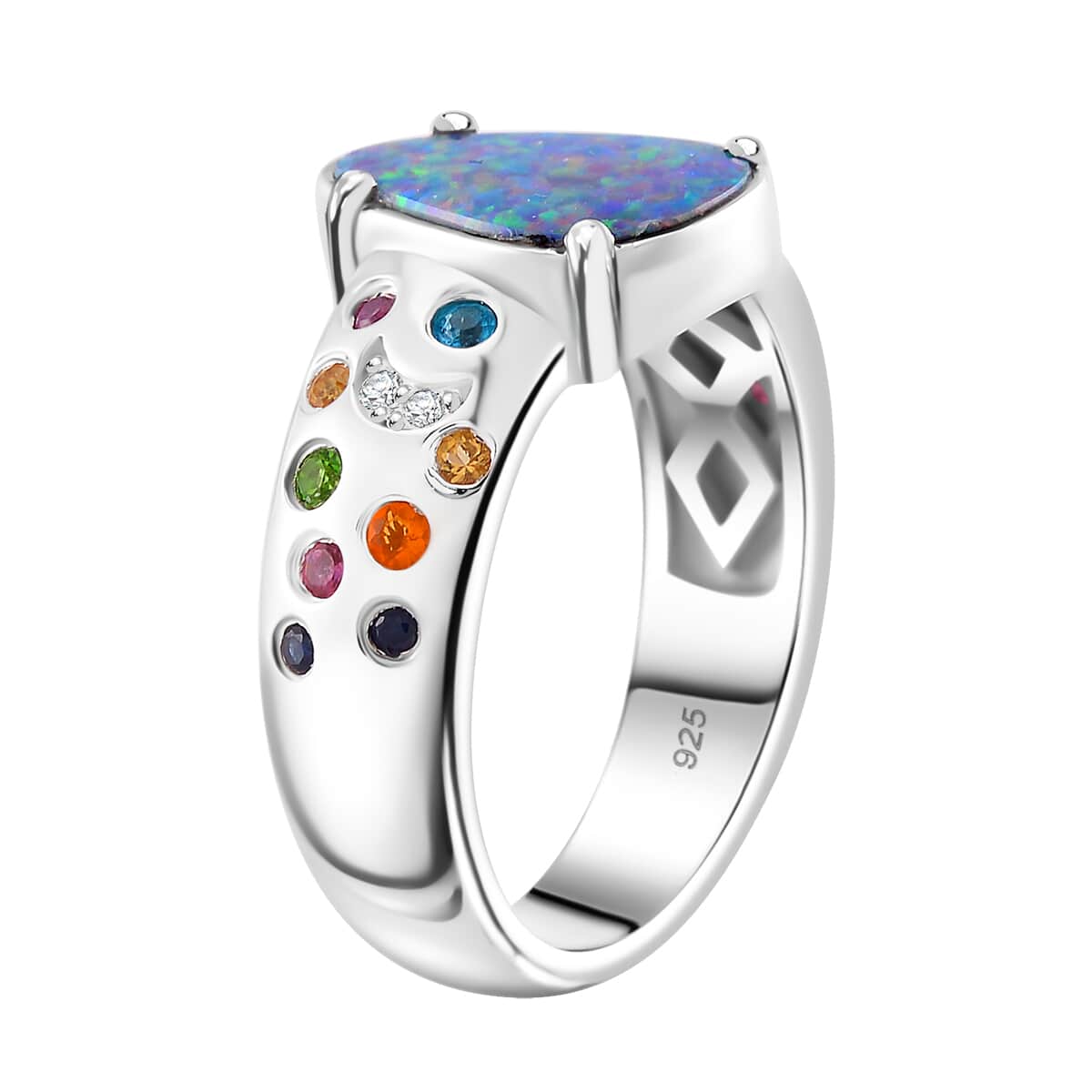 AAA Boulder Opal Doublet and Multi Gemstone 2.85 ctw Celestial Ring in Rhodium Over Sterling Silver (Size 6.0) image number 2