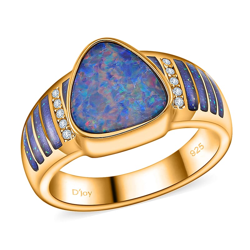 AAA Boulder Opal Doublet and Moissanite 2.65 ctw Men's Ring in 18K Vermeil Yellow Gold Over Sterling Silver (Size 10.0)