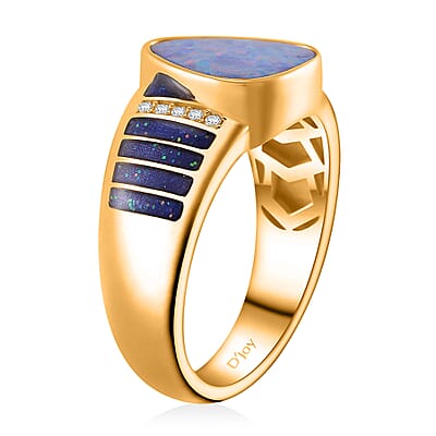 AAA Boulder Opal Doublet and Moissanite 2.65 ctw Men's Ring in 18K Vermeil Yellow Gold Over Sterling Silver (Size 10.0)