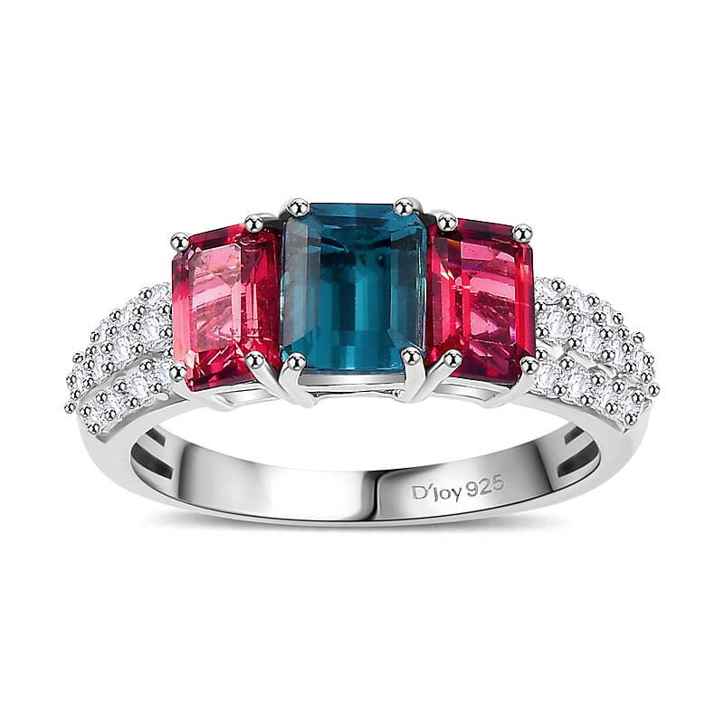 AAA Monte Belo Indicolite and Multi Gemstone 2.80 ctw Trilogy Ring in Rhodium Over Sterling Silver (Size 6.0)