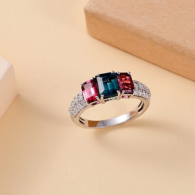 AAA Monte Belo Indicolite and Multi Gemstone 2.80 ctw Trilogy Ring in Rhodium Over Sterling Silver (Size 6.0)