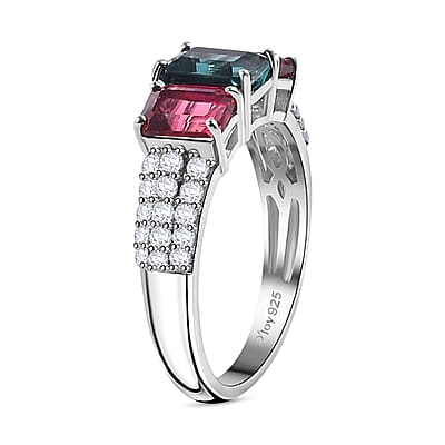 AAA Monte Belo Indicolite and Multi Gemstone 2.80 ctw Trilogy Ring in Rhodium Over Sterling Silver (Size 6.0)
