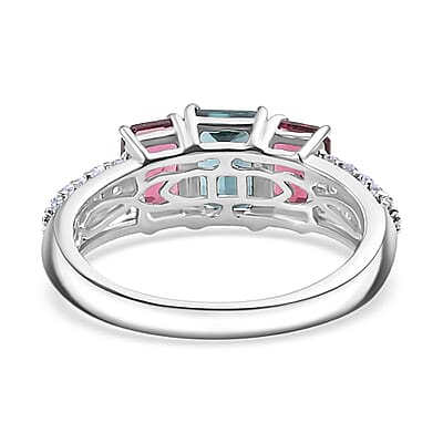 AAA Monte Belo Indicolite and Multi Gemstone 2.80 ctw Trilogy Ring in Rhodium Over Sterling Silver (Size 6.0)