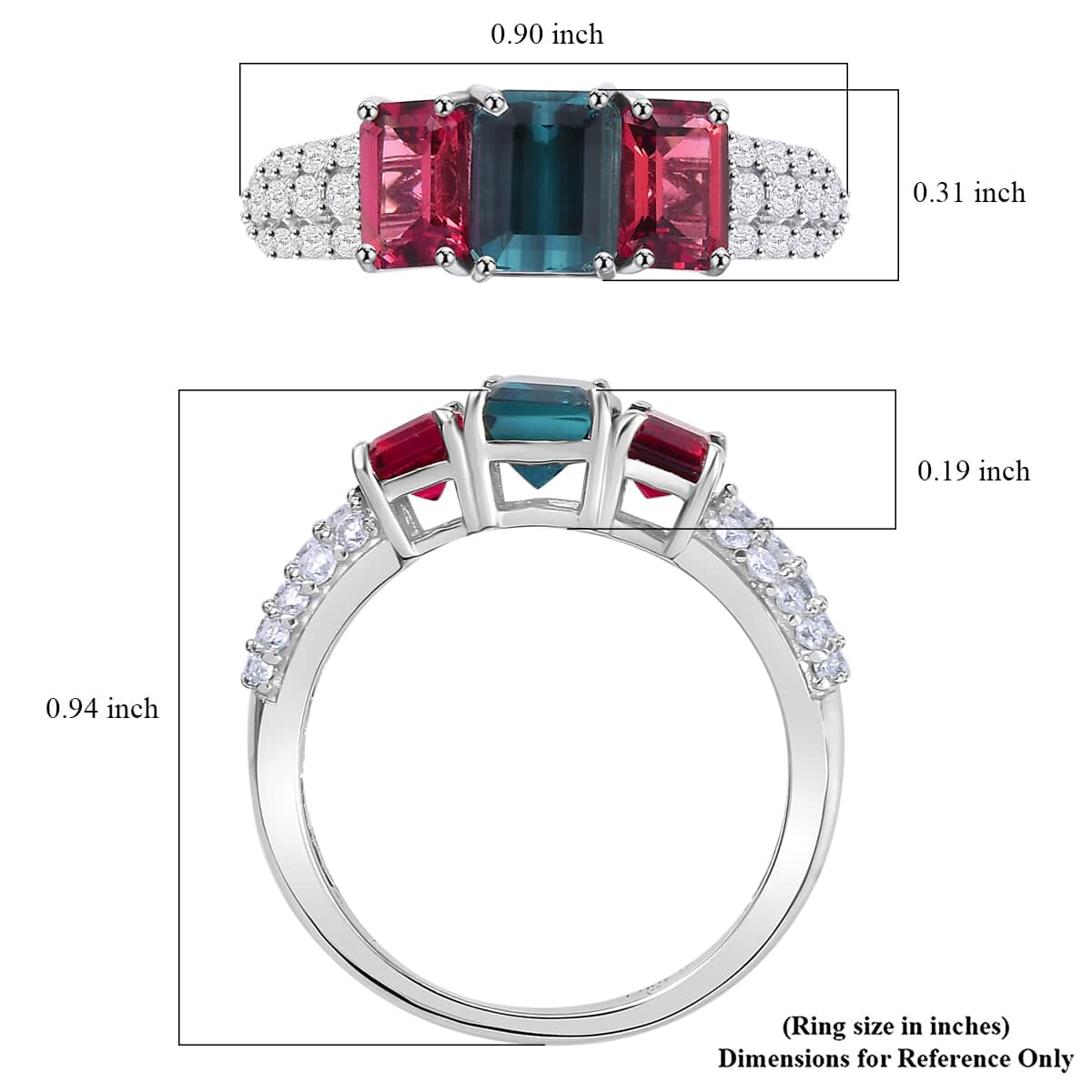 AAA Monte Belo Indicolite and Multi Gemstone 2.80 ctw Trilogy Ring in Rhodium Over Sterling Silver (Size 6.0) image number 5