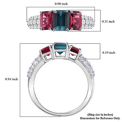 AAA Monte Belo Indicolite and Multi Gemstone 2.80 ctw Trilogy Ring in Rhodium Over Sterling Silver (Size 6.0)