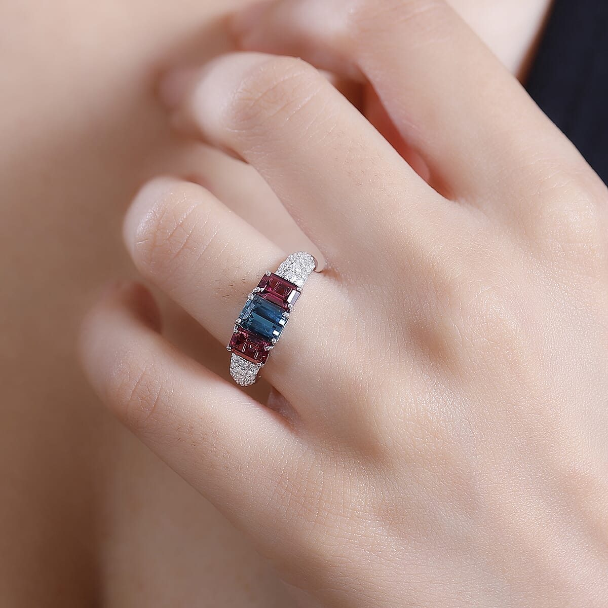 AAA Monte Belo Indicolite and Multi Gemstone 2.80 ctw Trilogy Ring in Rhodium Over Sterling Silver (Size 8.0) image number 2