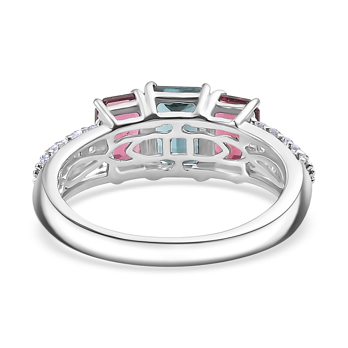 AAA Monte Belo Indicolite and Multi Gemstone 2.80 ctw Trilogy Ring in Rhodium Over Sterling Silver (Size 8.0) image number 4