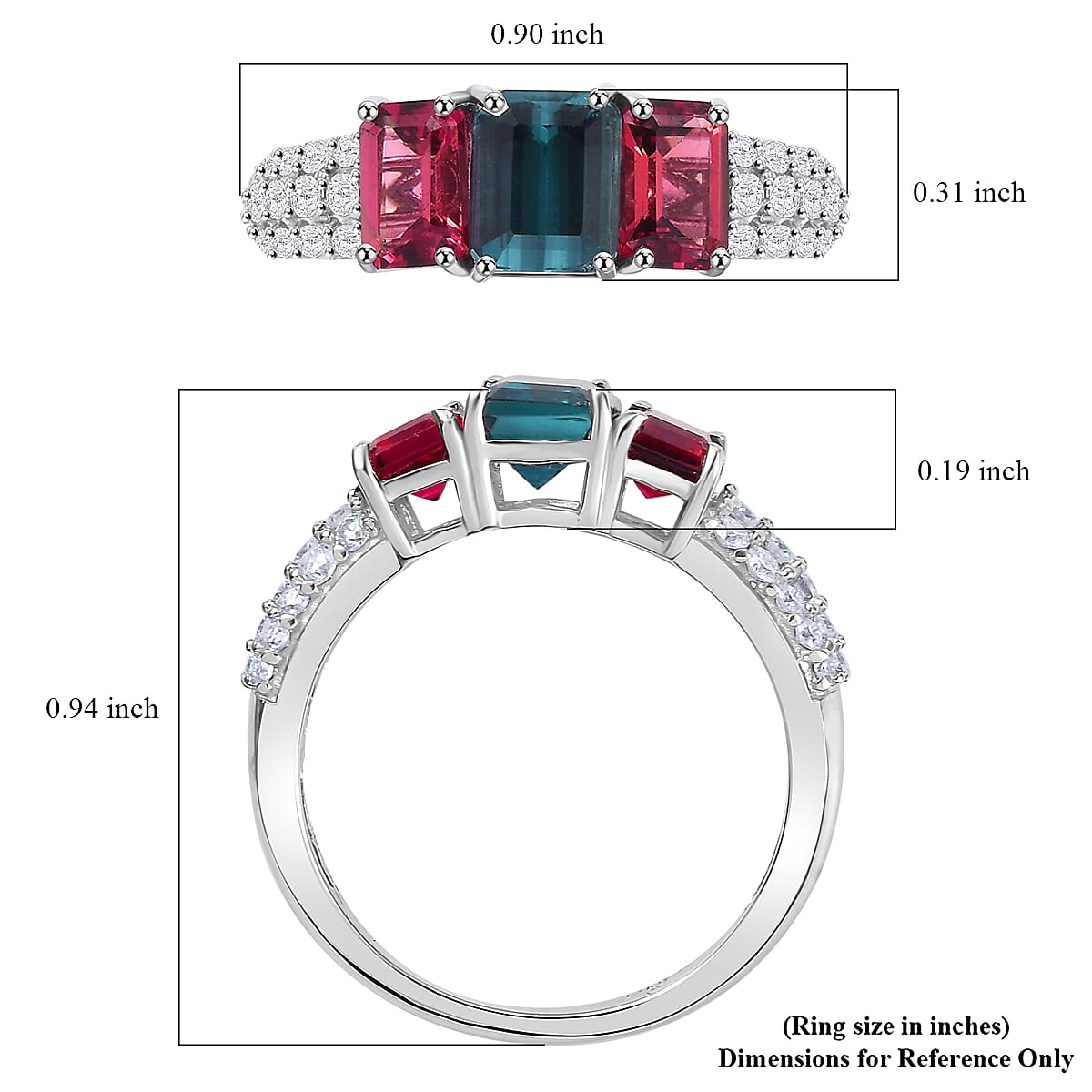 AAA Monte Belo Indicolite and Multi Gemstone 2.80 ctw Trilogy Ring in Rhodium Over Sterling Silver (Size 8.0) image number 5