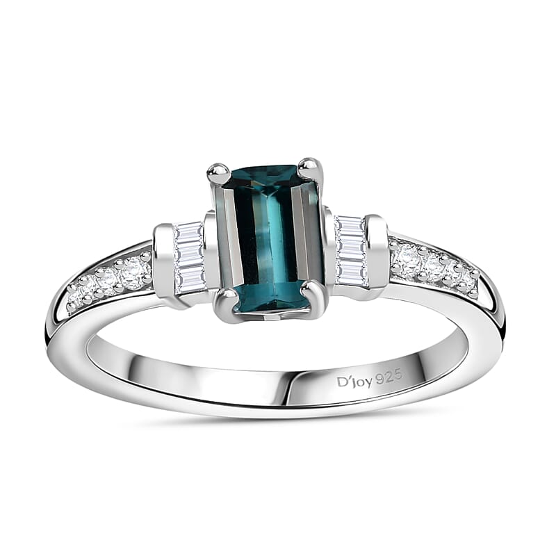 AAA Monte Belo Indicolite and Moissanite 1.00 ctw Art Deco Ring in Rhodium Over Sterling Silver (Size 6.0)