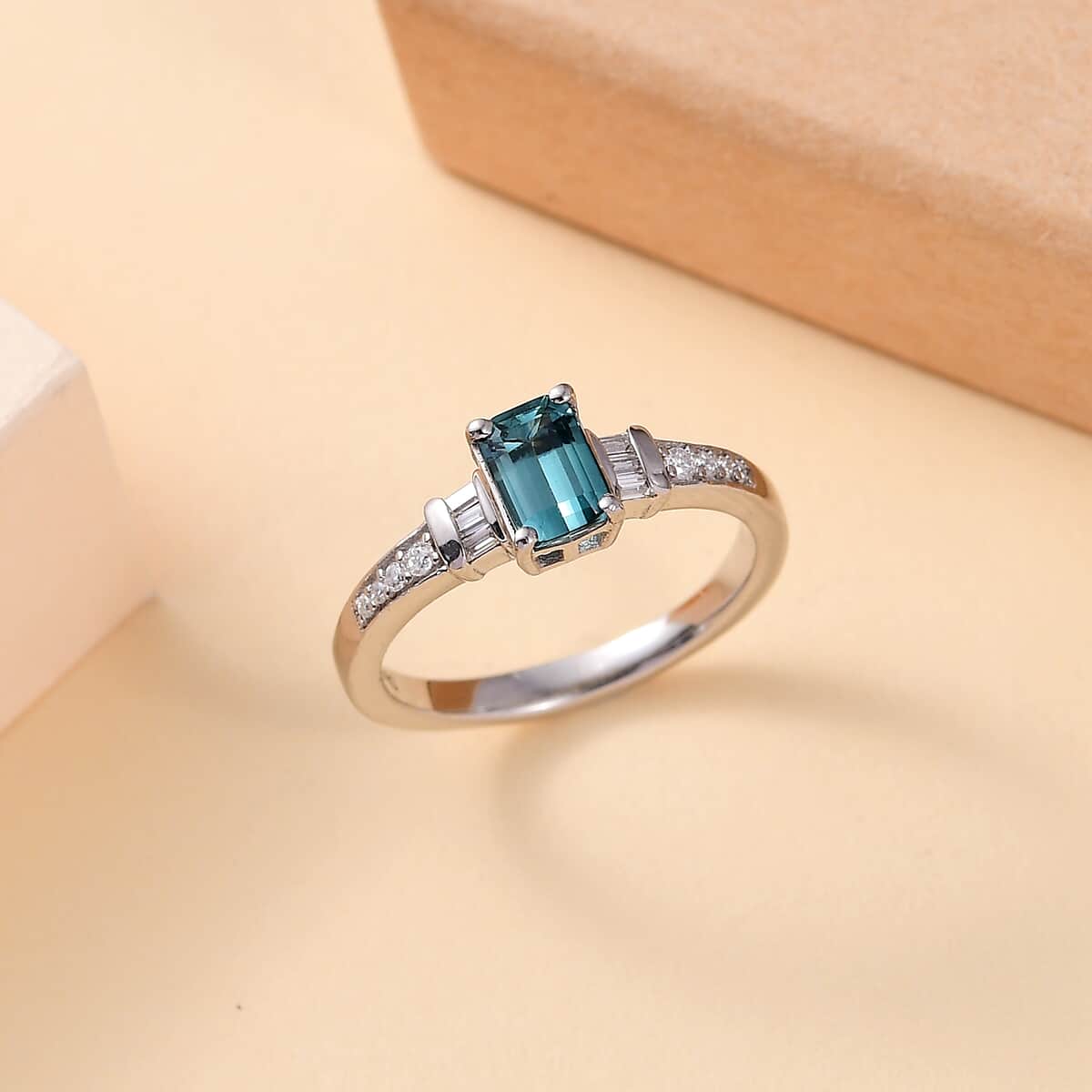 AAA Monte Belo Indicolite and Moissanite 1.00 ctw Art Deco Ring in Rhodium Over Sterling Silver (Size 6.0) image number 1