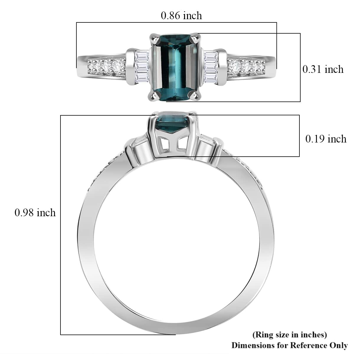 AAA Monte Belo Indicolite and Moissanite 1.00 ctw Art Deco Ring in Rhodium Over Sterling Silver (Size 6.0) image number 5