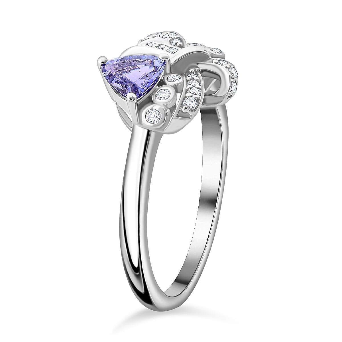 Tanzanite and White Zircon 0.65 ctw Love Knot Ring in Rhodium Over Sterling Silver (Size 6.0) image number 3