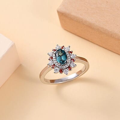 AAA Monte Belo Indicolite and Multi Gemstone 1.10 ctw Sunburst Ring in Rhodium Over Sterling Silver (Size 10.0)
