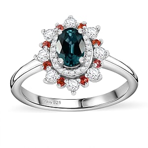 D'Joy AAA Monte Belo Indicolite and Multi Gemstone 1.10 ctw Sunburst Ring in Rhodium Over Sterling Silver (Size 5.0)