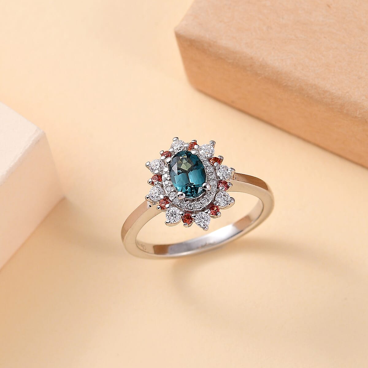 D'Joy AAA Monte Belo Indicolite and Multi Gemstone 1.10 ctw Sunburst Ring in Rhodium Over Sterling Silver (Size 8.0) image number 1
